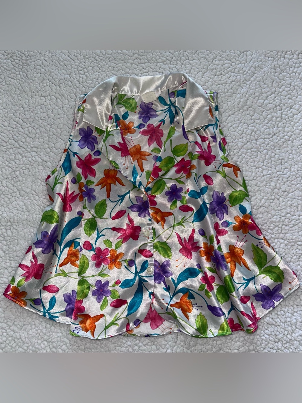 VTG satin whimsy floral flowy tank top vintage cottage fairy buttons collar M